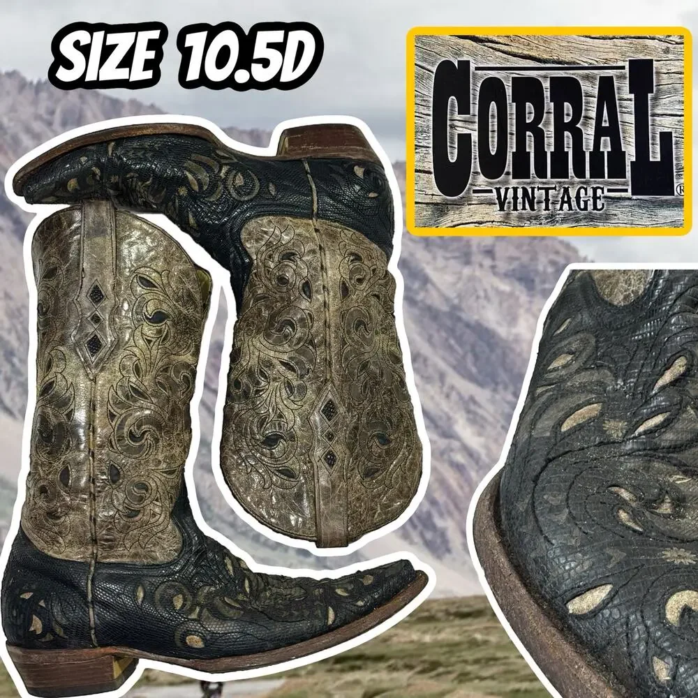 Vintage CORRAL Mens 10.5 Black Brown Leather Cowboy Boots Classic Western